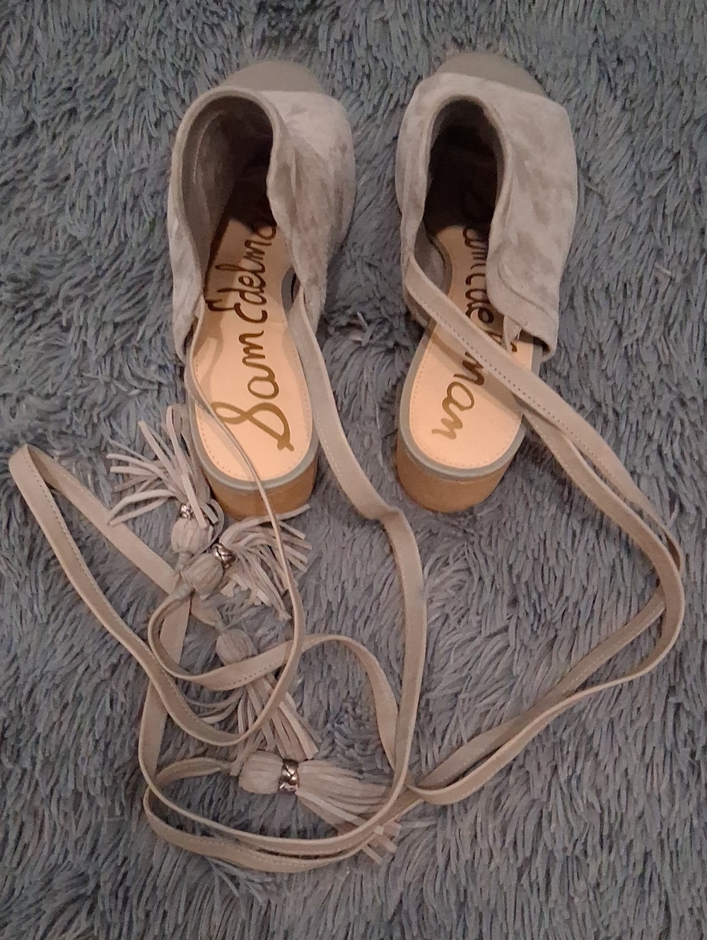Sam Edelman Light Gray Suede Tassel Wrap Sandals